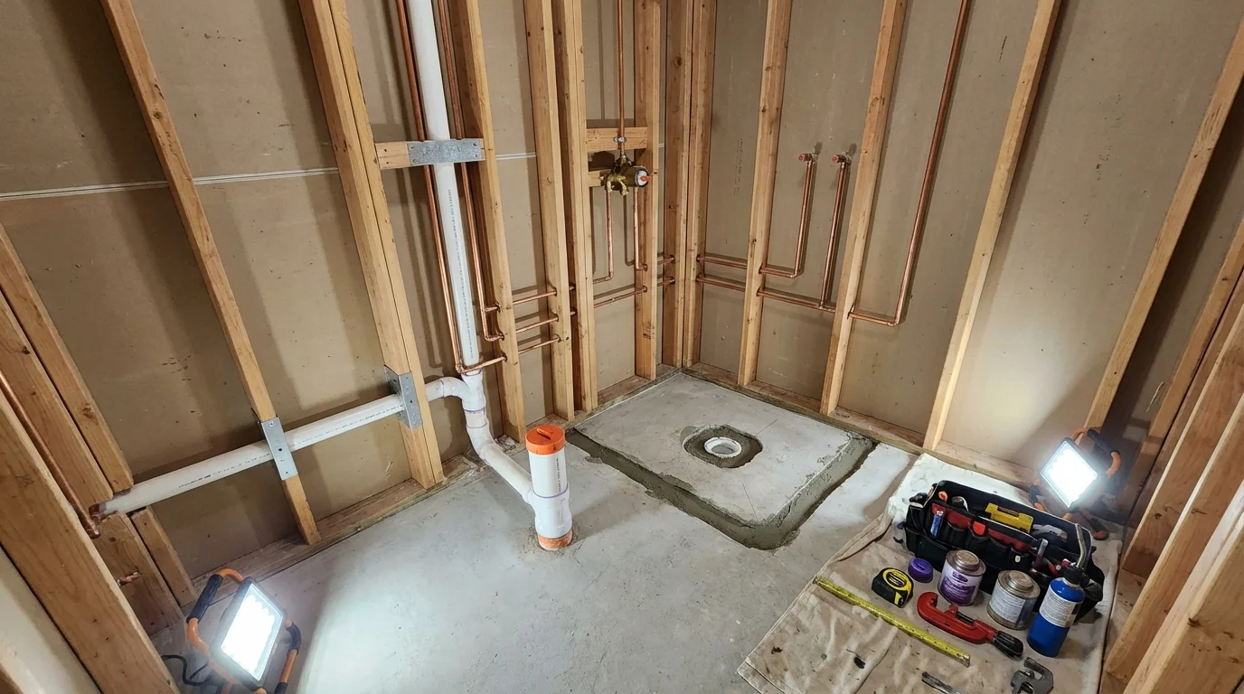 Bathroom rough-in plumbing during remodel by Johns Plumbing LLC in Blossburg