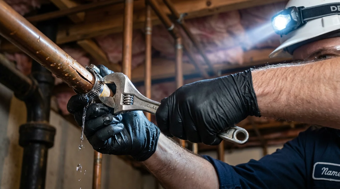 Emergency pipe clamp repair being performed by a Johns Plumbing LLC plumber in Blossburg