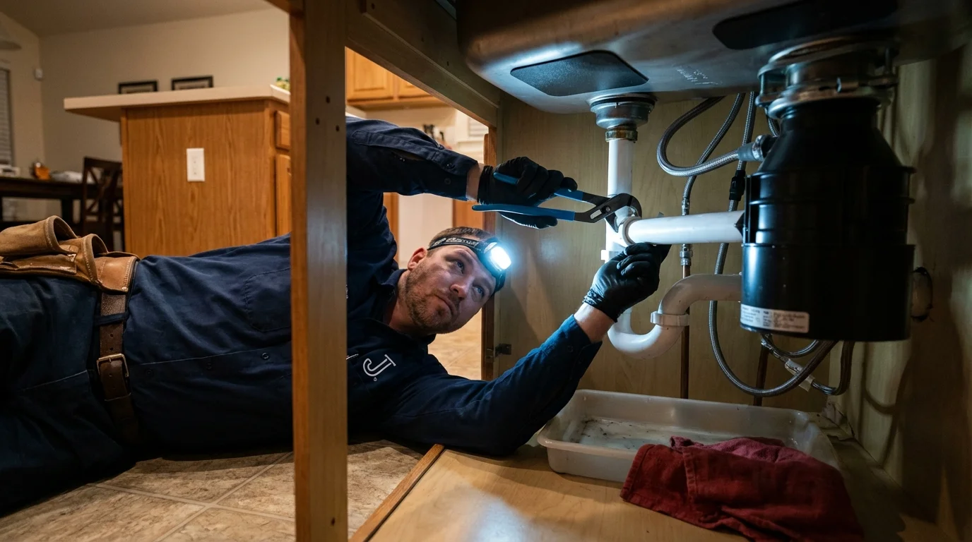 P-trap and supply line connections under a kitchen sink showing a common leak point in Blossburg, PA